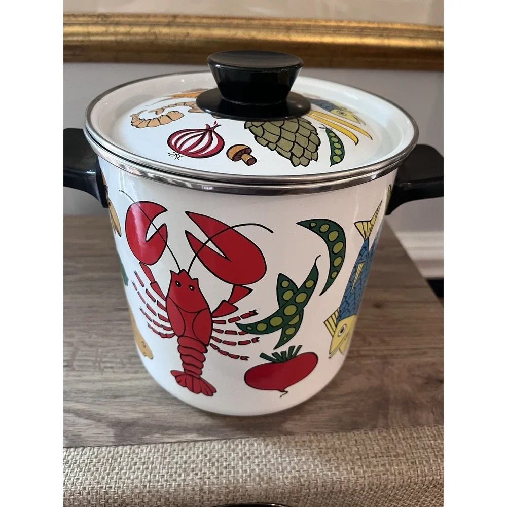 Vtg San Ignacio Nantucket Metal Enamel Lobster Stock/Steam Pot & Basket Veggies